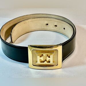 Women’s Vintage Black and Gold Escada Leather Belt with Gold Buckle- 36 Small